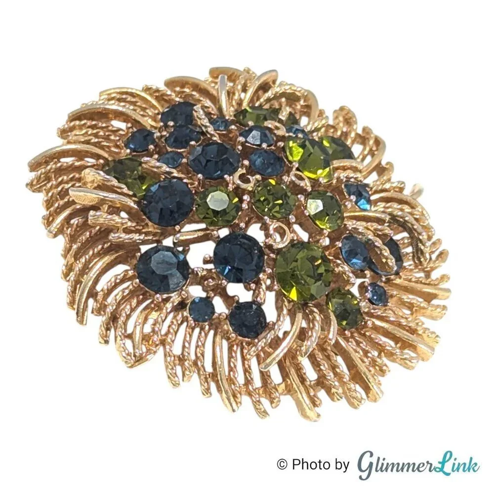 Vintage 60s Lisner Round Floral Green Blue Rhinestone Crystal Gold Tone Brooch